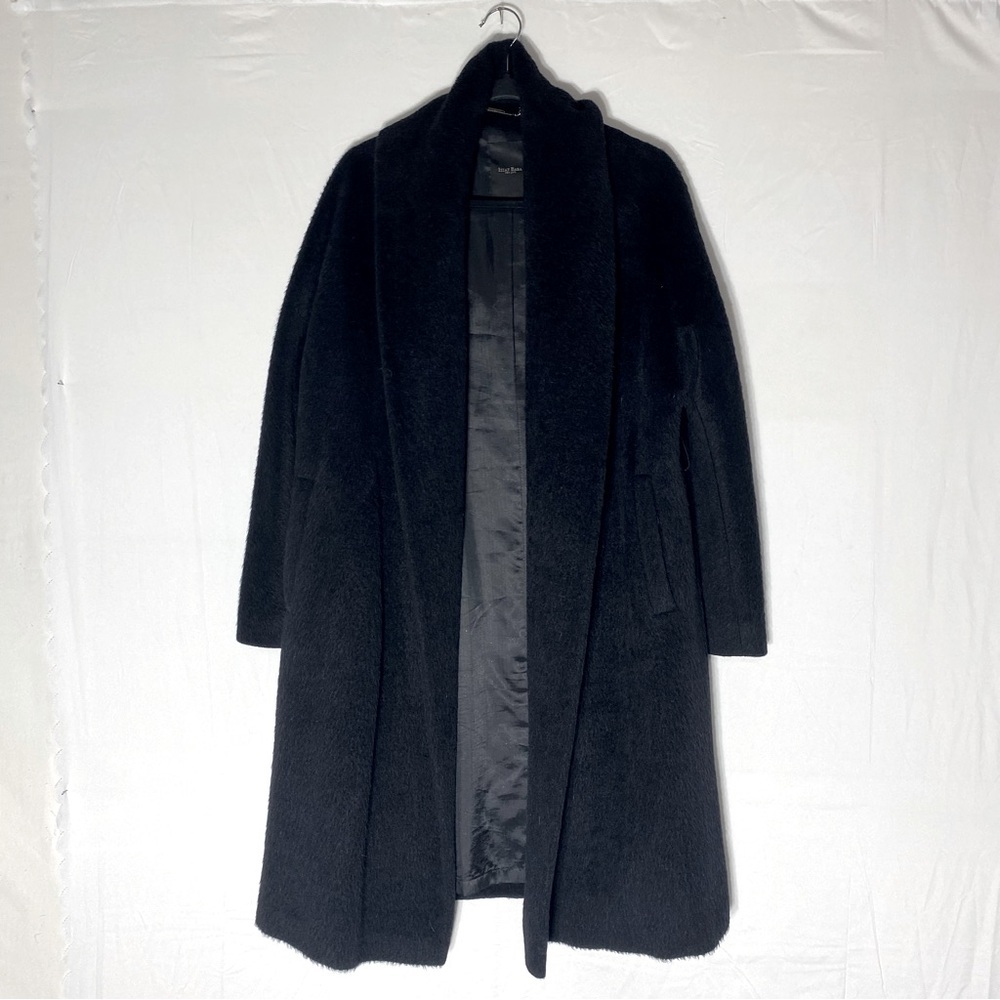 Izzat Baba Black Fuzzy Faux Fur Open Front Jacket L Long Line Quiet Luxury Cozy
